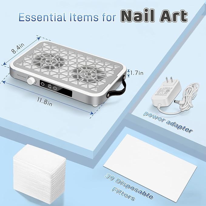 Nail Dust Collector, 1600PA Professional Nail Vacuum Dust Collector Fan with Absorb 99% of dust Within 20 inches in 3 Seconds - 10 Speeds Adjust, 30 Filters for Acrylic Manicure at Salon & Home