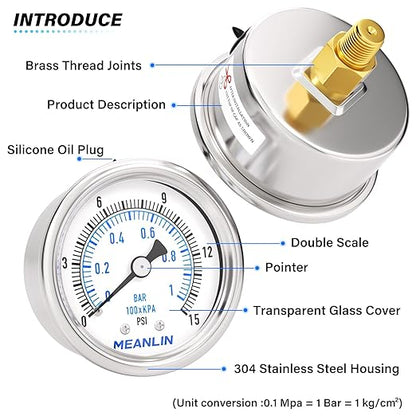 MEANLIN MEASURE 0~15Psi Dry Low Pressure Gauge Stainless Steel 1/8" NPT 2" FACE DIAL Waterproof for Water Oil Air Well Pump Tank Tire Pressure Test Back Mount, with 1/4" NPT and 3/8" NPT Hex Bushing