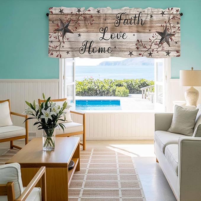 Rustic Star Brown Curtain Valances for Windows, Kitchen Valance Window Treatment, Vintage Plants Berry Wooden Grain Light Filtering Block Curtains for Bathroom/Bedroom/Living Room 60'' x 18''
