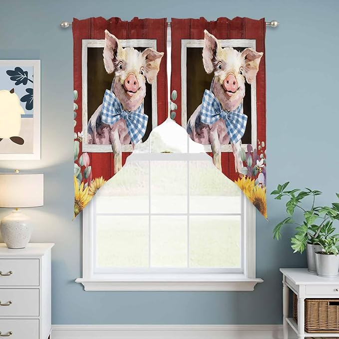 Pig Sunflowers Swag Valances for Windows, Eucalyptus Leaves Floral Bees Red Barn Rod Pocket Kitchen Curtains Valance, Kitchen Window Curtains Swag for Cafe Bathroom Living Room, 2 Panels, 36x63 inch