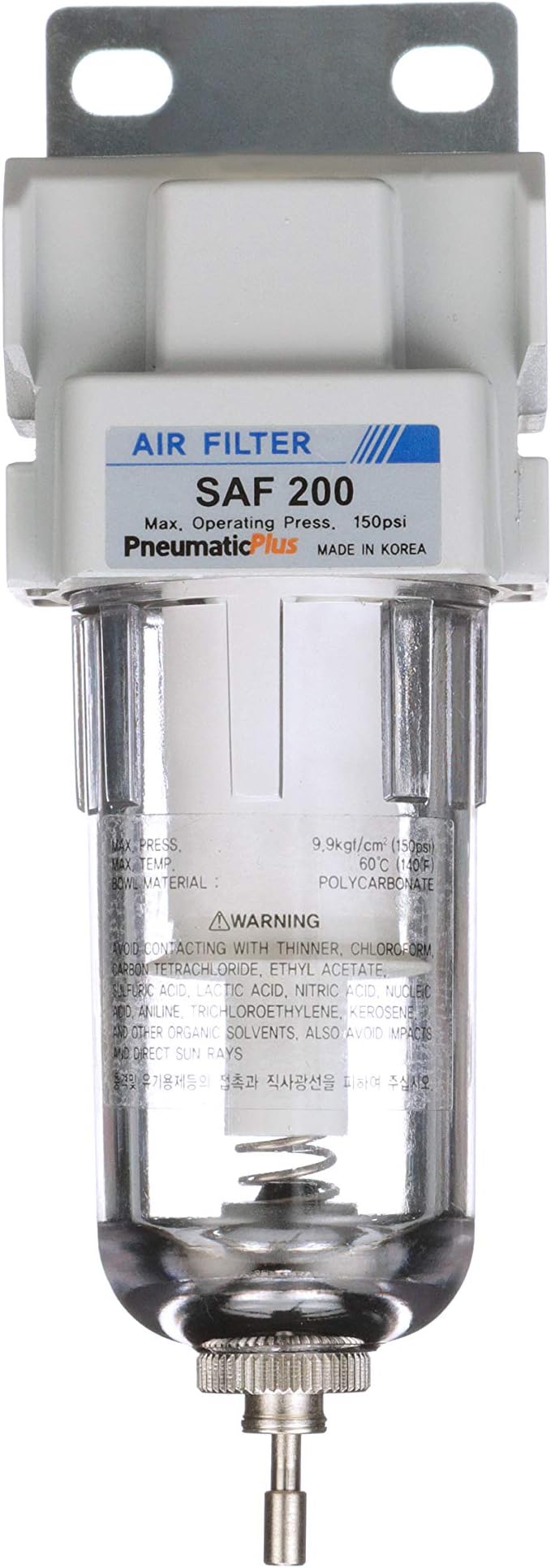 PneumaticPlus SAF200-N02B Miniature Compressed Air Particulate Filter 1/4" NPT - Poly Bowl, Manual Drain, Bracket