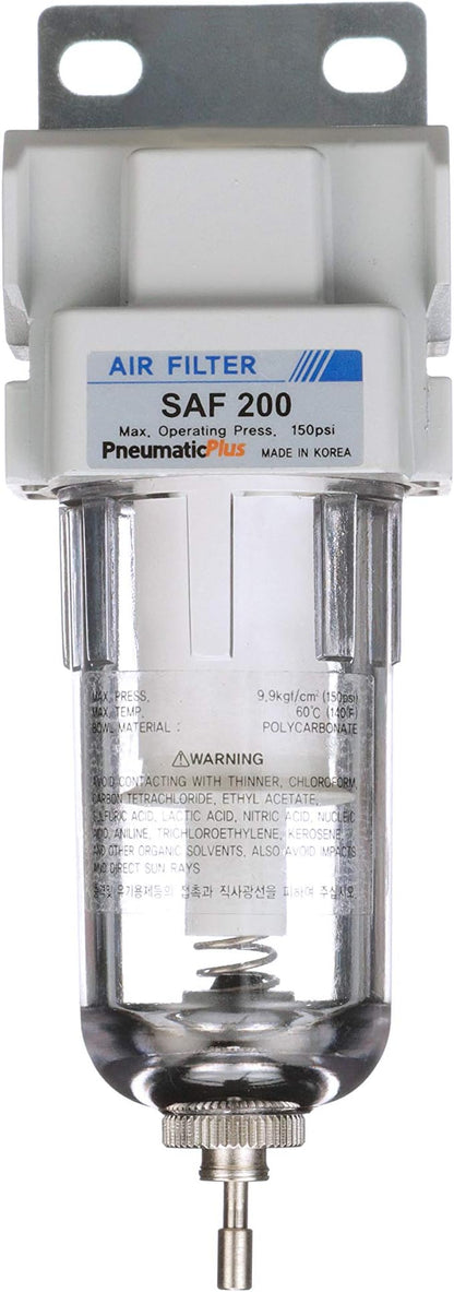 PneumaticPlus SAF200-N02B Miniature Compressed Air Particulate Filter 1/4" NPT - Poly Bowl, Manual Drain, Bracket