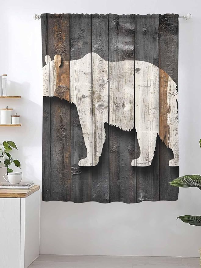 Sheer Curtains 72 Inches Long, Vintage White Brown Bear Semi Sheer Curtains Light Filtering Window Treatment, Retro Country Rustic Wood Grain Privacy Voile Drapes for Living Room Bedroom 52x72 Inch
