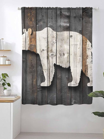 Sheer Curtains 72 Inches Long, Vintage White Brown Bear Semi Sheer Curtains Light Filtering Window Treatment, Retro Country Rustic Wood Grain Privacy Voile Drapes for Living Room Bedroom 52x72 Inch