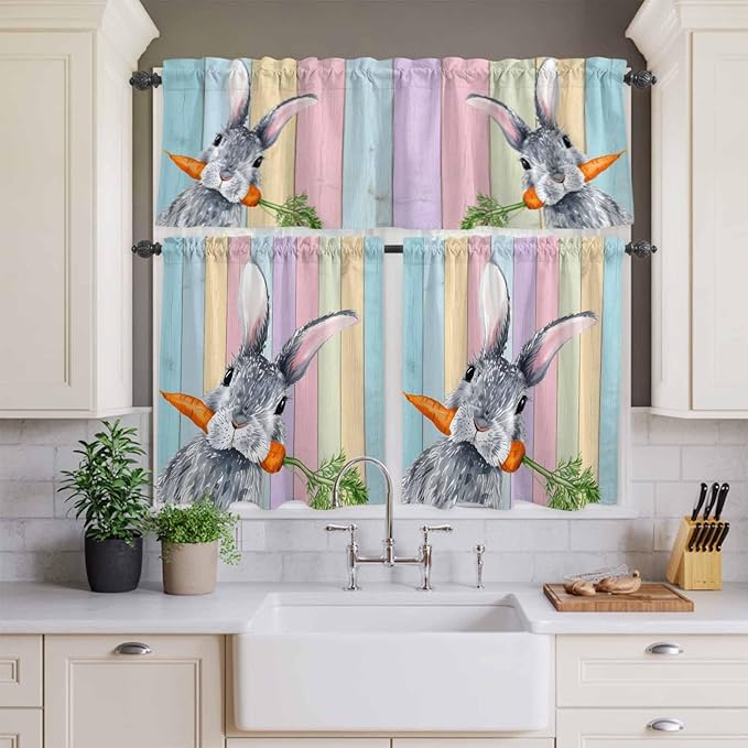 Easter Kitchen Curtain Set, Spring Grey Rabbit Carrots Colorful Wooden Plank Window Valance and Tiers 24" Length, Light Filtering Short Curtains Valance for Cafe Bathroom Bedroom 54"x18"
