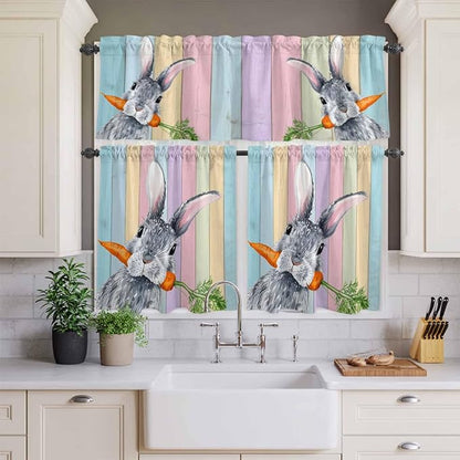 Easter Kitchen Curtain Set, Spring Grey Rabbit Carrots Colorful Wooden Plank Window Valance and Tiers 24" Length, Light Filtering Short Curtains Valance for Cafe Bathroom Bedroom 54"x18"