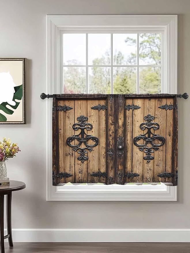 Sheer Curtains 45 Inch Length, Barn Door Semi Sheer Curtains Light Filtering Window Treatment, Farmhouse Wooden Grain Rustic Tribal Pattern Privacy Voile Drapes for Living Room Bedroom 52x45 Inch