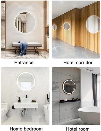 Round LED Bathroom Mirror with Light,Round Bathroom Mirror with LED Lights and Demister，Large Circle Mirror Backlit + Front Light，3 Colors Dimmable/Demister Pad(A,H60*W60cm/H23.6*W23.6IN)