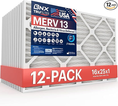 BNX TruFilter 16x25x1 MERV 13 (12-Pack) AC Furnace Air Filter - MADE IN USA - Electrostatic Pleated Air Conditioner HVAC AC Furnace Filters - Removes Pollen, Mold, Bacteria, Smoke