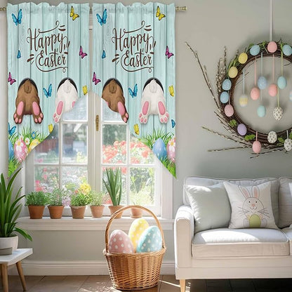 Swag Curtain Valances for Kitchen Windows,Happy Easter Bunny Butt Egg Floral Short Rod Pocket Window Valance,Spring Plant on Aqua Wood Swag Topper for Bedroom Living Room,2 Panels 36x63in