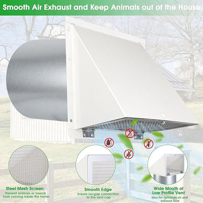 7 Inch Hooded Wall Vent with Mesh and Damper,7'' Exhaust Vent Cover Cap Outside,Wall Vent Hood Duct Cap Exterior for Kitchen Range Hood/Dryer/Laundry/Bathroom Exhaust Fan Vent,Galvanized Steel,White