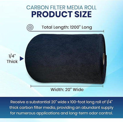 Activated Carbon Filter Media Roll - 20" x 100' x 1/4" Thick, Odor Control, Cut to Size, Filter Range Hood, AC Filter Material, Durable Carbon Filters, Made in USA