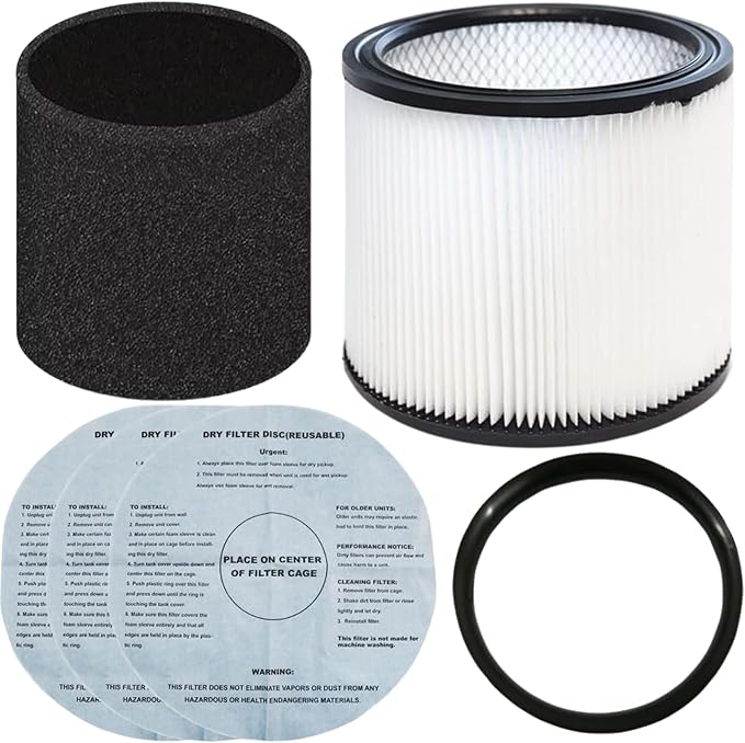 Vacuum Canister Filter Set for Wet/Dry Shop Vacuums – Includes Canister Filter, Foam Sleeve, 3 Dry Filter Discs, and Mounting Band Compatible with Shop-Vac, Craftsman, Ridgid, and More