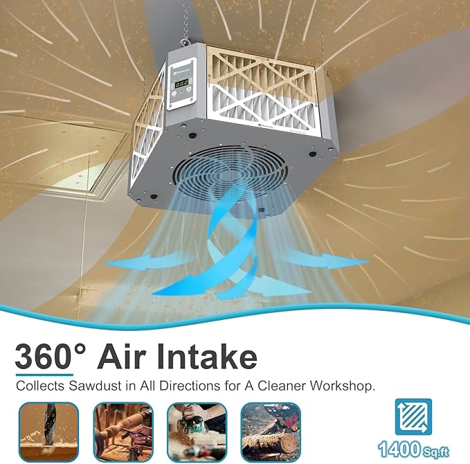 360° Woodshop Air Filtration System Woodworking - 1050/1350 CFM, Built-in Ionizer, with Strong Vortex Fan, Shop Air Filtration for Garage, Works Shop, Dust Collectors System, Gray, KMF12D Pro