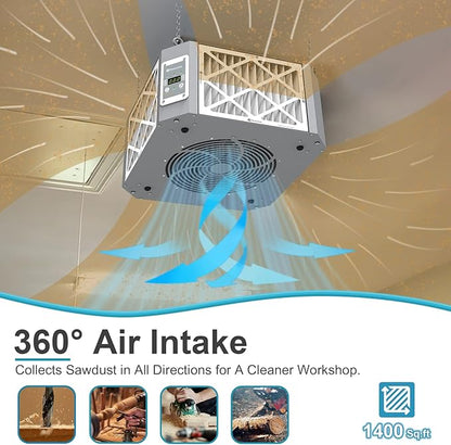 360° Woodshop Air Filtration System Woodworking - 1050/1350 CFM, Built-in Ionizer, with Strong Vortex Fan, Shop Air Filtration for Garage, Works Shop, Dust Collectors System, Gray, KMF12D Pro