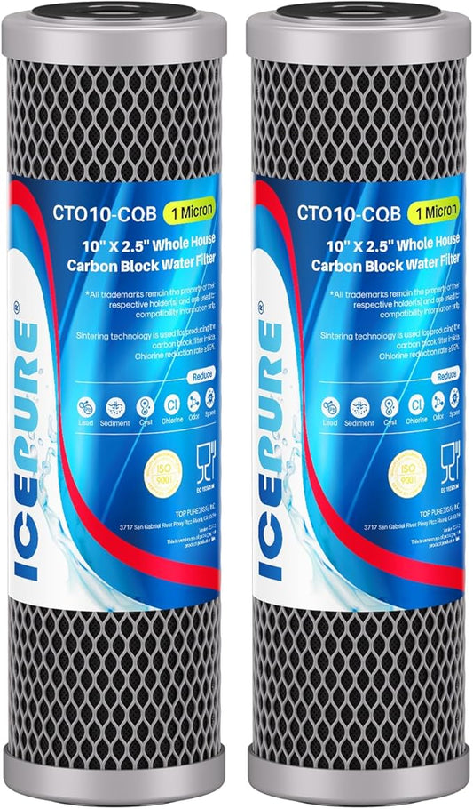 ICEPURE 1 Micron 10" x 2.5" Whole House Upgraded Coconut Shell Activated Water Filter Lead Remove Filter Cartridge Replacement for WFPFC8002, SCWH-5, WHCF-WHWC, FXWTC, CTO10-CQB, RO Unit, 2PACK