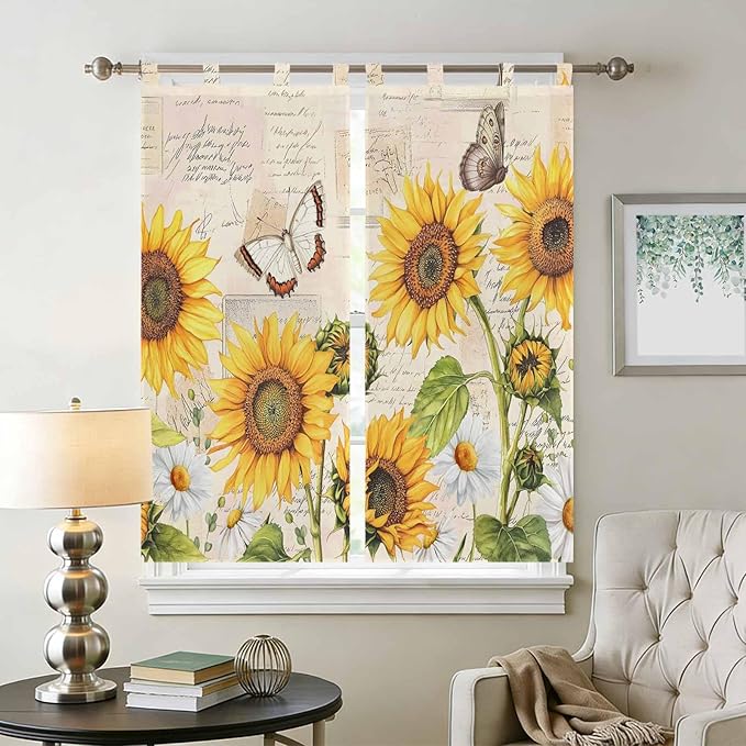 Yellow Sunflowers Living Room Curtains 84 Inch Length, Window Curtains Tab Top, Country Farm Butterfly Flower Light Beige Light Filtering Window Treatments Drapes 42"x84" 2 Panel