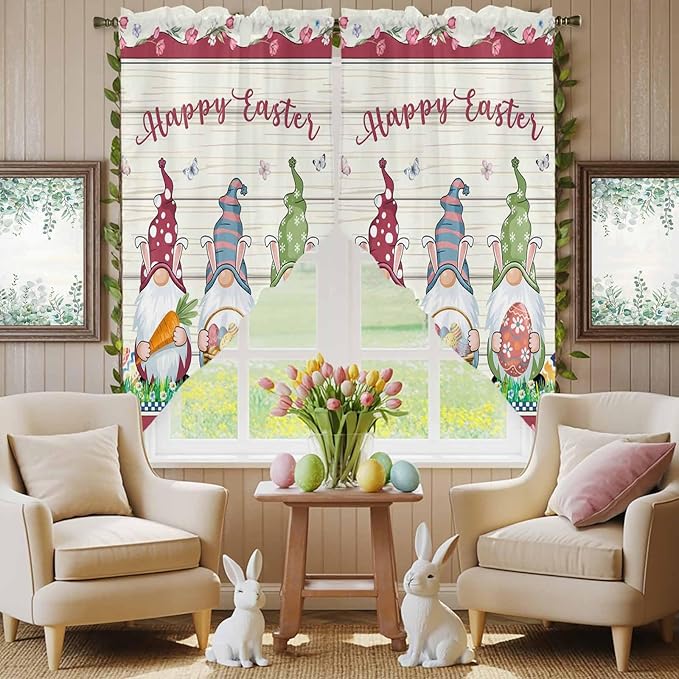 Swag Curtain,Happy Easter Gnomes with Eggs on Grass Kitchen Valances Rod Pocket Curtains Tier Pair Swag Topper,Spring Floral on Wood Barn 2 Panels Window Treatment for Bathroom Living Room Bedroom