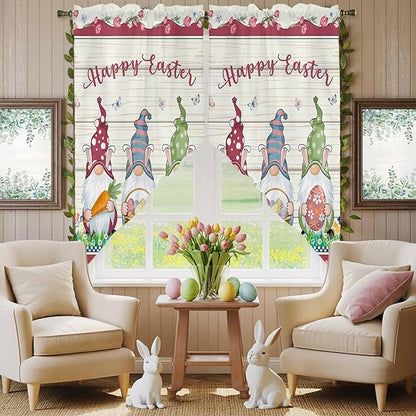 Swag Curtain,Happy Easter Gnomes with Eggs on Grass Kitchen Valances Rod Pocket Curtains Tier Pair Swag Topper,Spring Floral on Wood Barn 2 Panels Window Treatment for Bathroom Living Room Bedroom