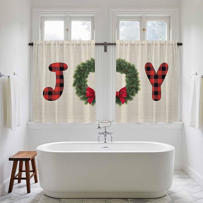 Red Green Christmas Kitchen Curtains 45 Inch Long 2 Panel Set, Rod Pocket Window Treatment, Farmhouse Xmas Botanical Winter Light Filtering Short Curtains & Drapes for Bathroom Laundry 52"W x 45"L