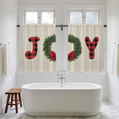 Red Green Christmas Kitchen Curtains 45 Inch Long 2 Panel Set, Rod Pocket Window Treatment, Farmhouse Xmas Botanical Winter Light Filtering Short Curtains & Drapes for Bathroom Laundry 52"W x 45"L