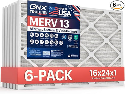 BNX TruFilter 16x24x1 Air Filter MERV 13 (6-Pack) - MADE IN USA - Electrostatic Pleated Air Conditioner HVAC AC Furnace Filters for Allergies, Pollen, Mold, Bacteria, Smoke, Allergen, MPR 1900 FPR 10