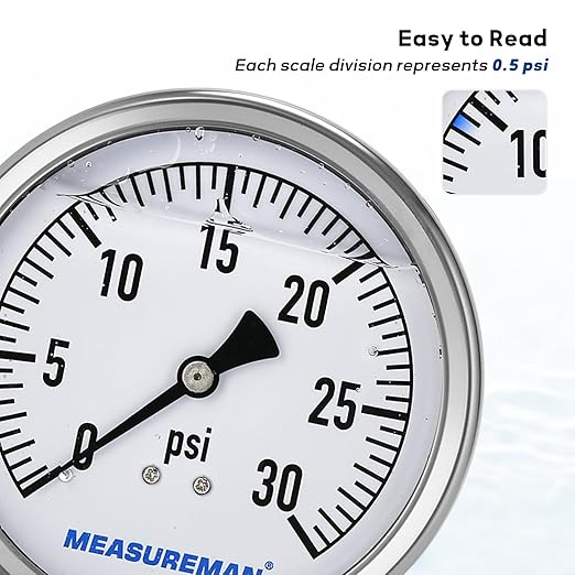 MEASUREMAN Glycerin Filled Plumbing Pressure Gauge 0-30psi Stainless Steel Case, 4" Dial 1/4" NPT Brass Lower Mount, Ideal for Residential Plumbing, Water Filtration Systems, Pneumatic Machinery