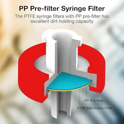SimPure Syringe Filter PTFE Hydrophobic Membrane 200 PCS, 0.22um Pore Size, 13mm Disc Diameter, HPLC and GC Needle Filter, Non-Sterile, High Throughput Lab Filtration, Barreled Packed