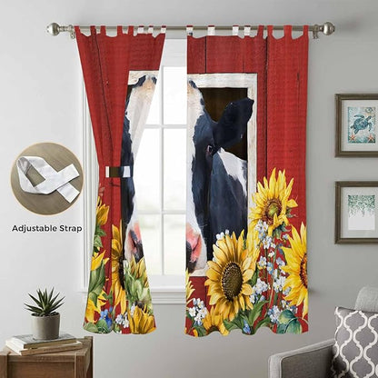 Cow Sunflowers Living Room Curtains 84 Inch Length, Window Curtains Tab Top, Botanical Floral Leaves Bees Farm Barn Light Filtering Window Treatments Drapes 52"x84" 2 Panel