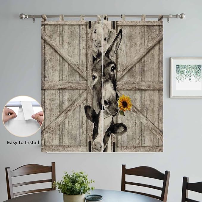Funny Farm Animals Bathroom Curtains 63 Inch Length, Window Curtains Tab Top, Vintage Barn Brown Sunflowers Light Filtering Window Treatments Drapes 52"x63" 2 Panel