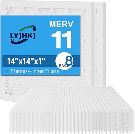 14x14x1 MERV 11 Air Filter, Quality AC/HVAC Furnace Filter，2 Reusable ABS Frame + 8 Pack Replaceable Filter Media，Breathe Fresher and Cost-effective