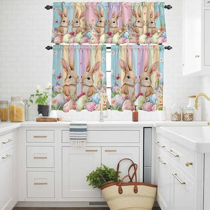 Easter Kitchen Curtains Set 3 Piece for Windows, Rod Pocket Valance and Tier Set 36 Inch Length, Spring Bunny Eggs Botanical Floral Wooden Grain Light Filtering Cafe Curtains for Living Room Bathroom