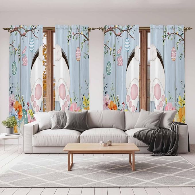 Easter Window Curtains 72 Inch Long 2 Panel Set,Rod Pocket Long Curtains & Drapes,Spring Watercolor Bunny Eggs Flower Wood Grain Blue Light Filtering Window Treatment for Bedroom 52"W x 72"L