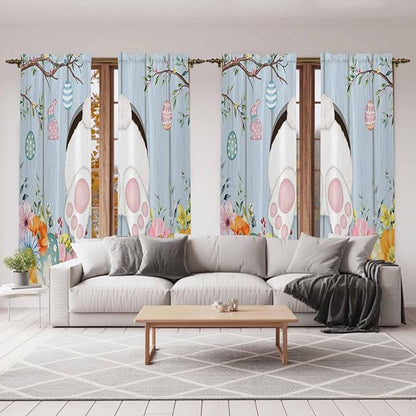Easter Window Curtains 72 Inch Long 2 Panel Set,Rod Pocket Long Curtains & Drapes,Spring Watercolor Bunny Eggs Flower Wood Grain Blue Light Filtering Window Treatment for Bedroom 52"W x 72"L