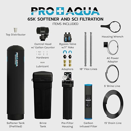 PRO+AQUA PRO-SCI-S65E Whole House Water Filter & Softener Bundle | 65,000 Grain Capacity | Removes Chlorine, Sediment, VOCs, Calcium & Magnesium | Ideal for 4–6 Bathrooms | Extra High-Flow Design