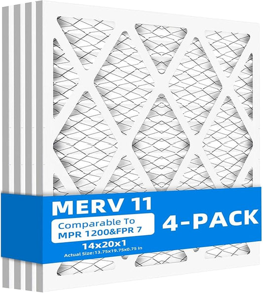 (4 Pack) 14x20x1 Furnace Air Filters, MPR 1200 & FPR 7, MERV 11 Pleated Air Filter (Actual Size: 13.75"x19.75"x0.75")