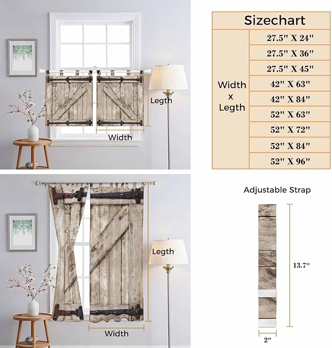 Farmhouse Wood Grain Kitchen Curtains 36 Inch Length, Small Window Curtains Tab Top, Vintage Country Barn Gate Brown Light Filtering Short Window Treatments Tier Drapes 27.5"x36" 2 Panel