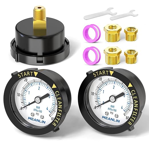 MEANLIN MEASURE 0~60Psi 1/4" NPT Start and Clean Filter Pressure Gauge, Suitable for Swimming Pool, Spa, Aquarium, Center Back Mount(Pack of 2), with 1/2" NPT and 3/8" NPT Hex Bushing