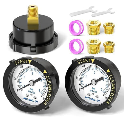 MEANLIN MEASURE 0~60Psi 1/4" NPT Start and Clean Filter Pressure Gauge, Suitable for Swimming Pool, Spa, Aquarium, Center Back Mount(Pack of 2), with 1/2" NPT and 3/8" NPT Hex Bushing