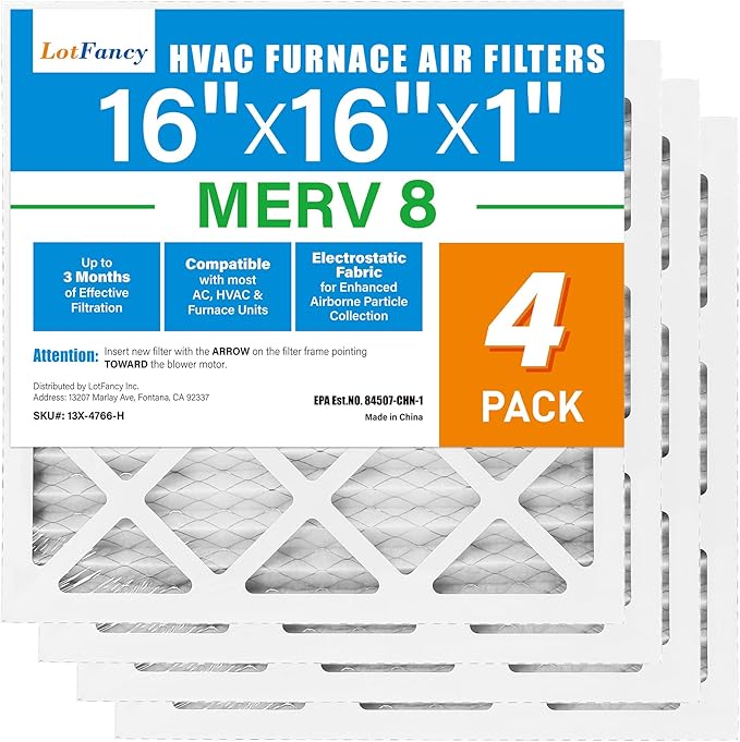 LotFancy 16x16x1 Air Filter MERV 8 4-Pack, Electrostatic Pleated Furnace & AC Filter, Captures Dust, Pet Hair, Pollen, Actual Size: 15.75"x15.75"x0.75"