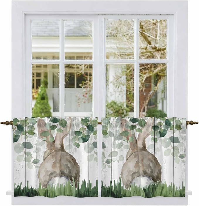 Easter Tier Curtains, Country Rabbit Botanical Leaves Wooden Grain Light Filtering Kitchen Curtains, 2Pcs Rod Pocket Half Window Treatments Panels for Sink Cafe Cabinet Camper 27.5x36 Inches