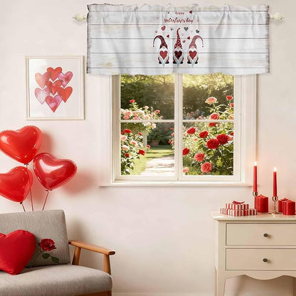 Happy Valentine's Valance Curtains for Kitchen, Day Gnomes Love Heart on Rustic Wood Grain Privacy Rod Pocket Valance Curtain, Light-Filtering Window Treatment for Bedroom Bathroom, 60"x18"