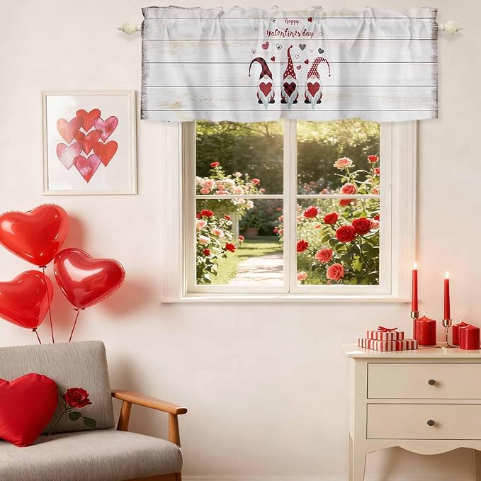 Happy Valentine's Valance Curtains for Kitchen, Day Gnomes Love Heart on Rustic Wood Grain Privacy Rod Pocket Valance Curtain, Light-Filtering Window Treatment for Bedroom Bathroom, 42"x12"