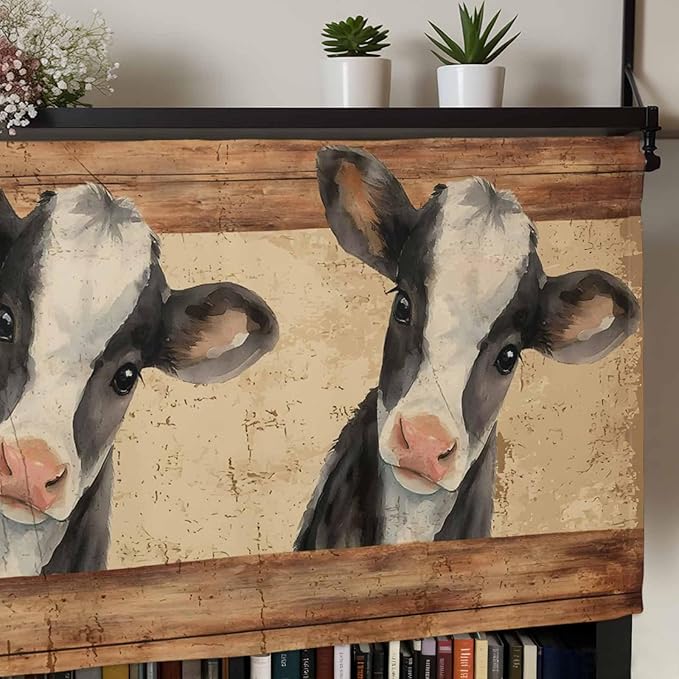 Farmhouse Cow Curtain Valances for Windows, Kitchen Valance Window Treatment, Country Vintage Animals Wooden Grain Light Filtering Block Curtains for Bathroom/Bedroom/Living Room 54'' x 18''