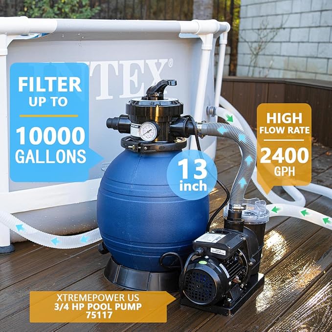 XtremepowerUS High-Flo Sand Filter Pump System 13" Filter Tank 10,000 Gal Above Ground Pool 3/4HP Pool Pump 2400GPH Flow