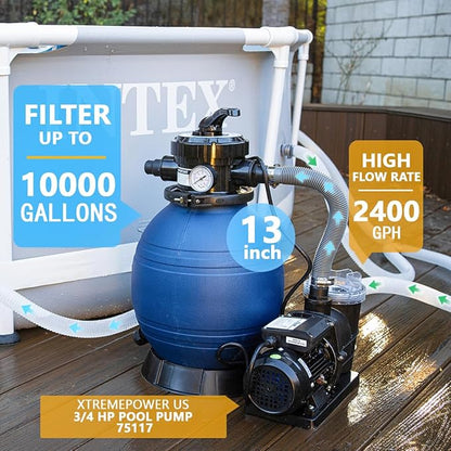 XtremepowerUS High-Flo Sand Filter Pump System 13" Filter Tank 10,000 Gal Above Ground Pool 3/4HP Pool Pump 2400GPH Flow