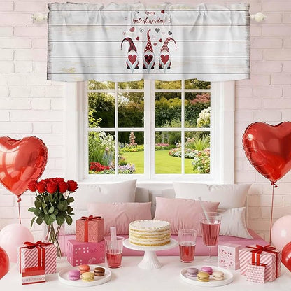 Happy Valentine's Valance Curtains for Kitchen, Day Gnomes Love Heart on Rustic Wood Grain Privacy Rod Pocket Valance Curtain, Light-Filtering Window Treatment for Bedroom Bathroom, 60"x18"