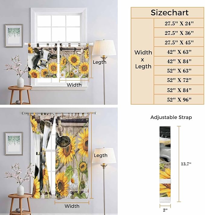 Retro Farmhouse Flower Kitchen Curtains 45 Inch Length, Short Cafe Window Curtains Tab Top, Yellow Sunflowers Cow Barn Doors Brown Light Filtering Window Treatments Tier Drapes 27.5"x45" 2 Panel