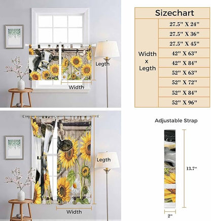 Retro Farmhouse Flower Kitchen Curtains 45 Inch Length, Short Cafe Window Curtains Tab Top, Yellow Sunflowers Cow Barn Doors Brown Light Filtering Window Treatments Tier Drapes 27.5"x45" 2 Panel