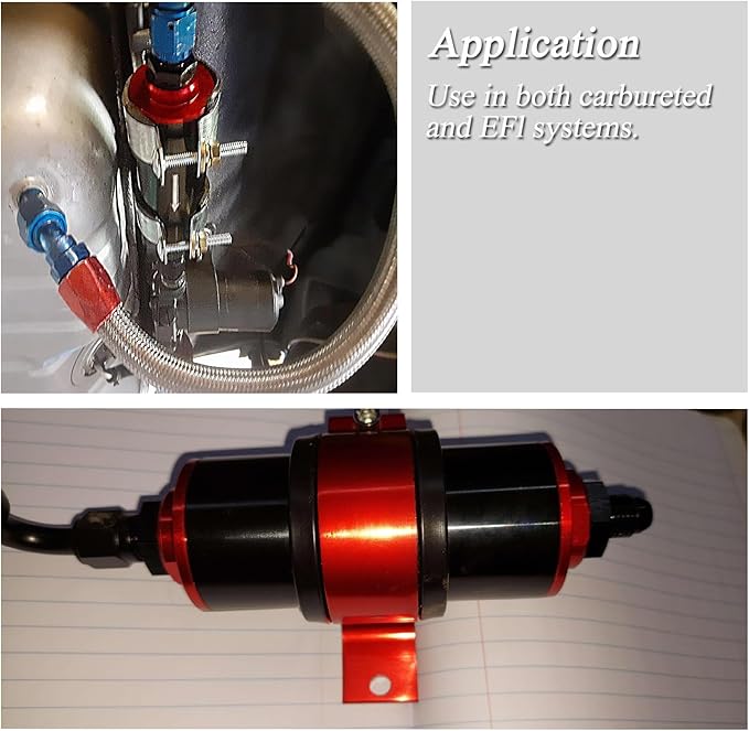 Inline Fuel Filter 100 Micron with 6AN 8AN 10AN Fuel Filter Adapter Universal 50MM, 1 set Inline fuel filter Red